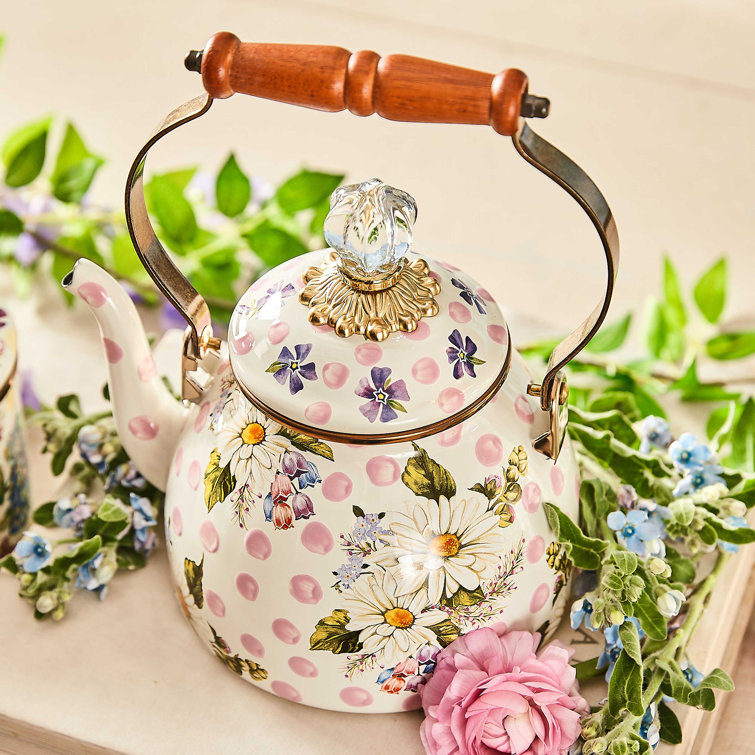 MacKenzie Childs Wildflowers Enamel 2 Quart Tea Kettle Pink